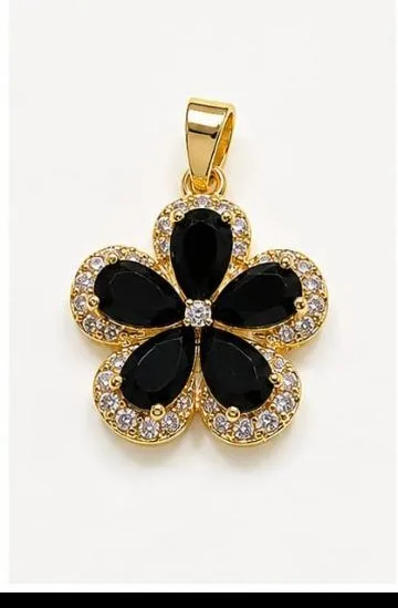 Colgante de Rodio - Flor piedras negras