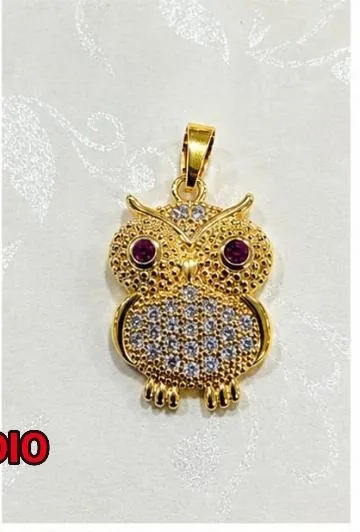 Colgante de Rodio - Buho dorado con circonias y ojos rojos