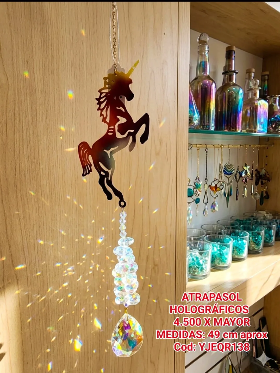 Atrapasoles Holográfico Unicornio Mágico con Cadena de Cuentas Facetadas y Prisma Iridiscente