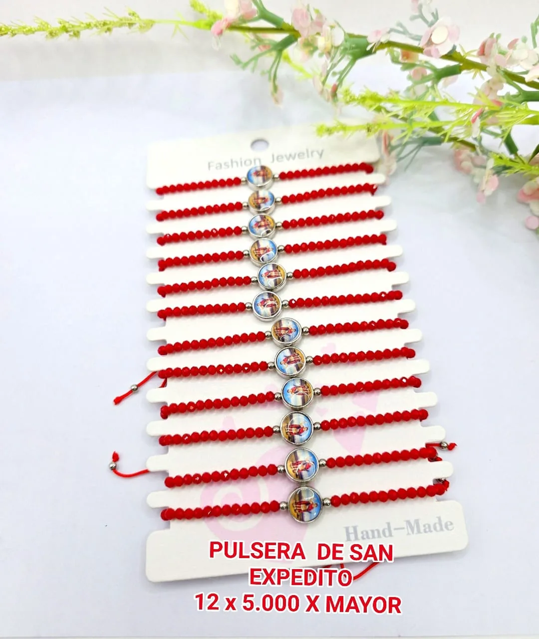 Pack 12 Pulsera Devocional de San Expedito en Cristales Facetados Rojos con Medalla Resinada Central