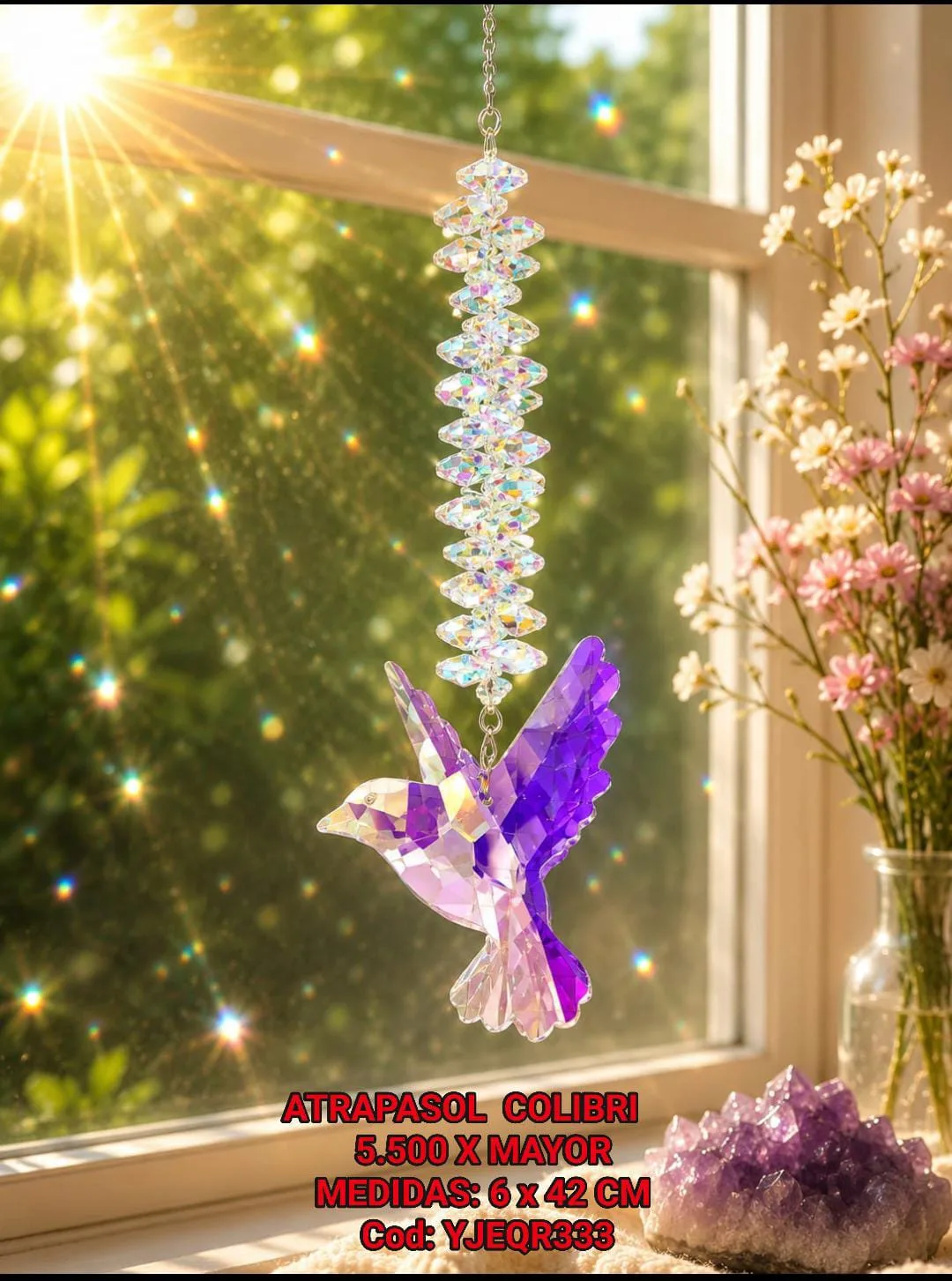 Atrapasoles Colibrí de Cristal Violeta Púrpura con Cadena Vertical de Cristales Iridiscentes