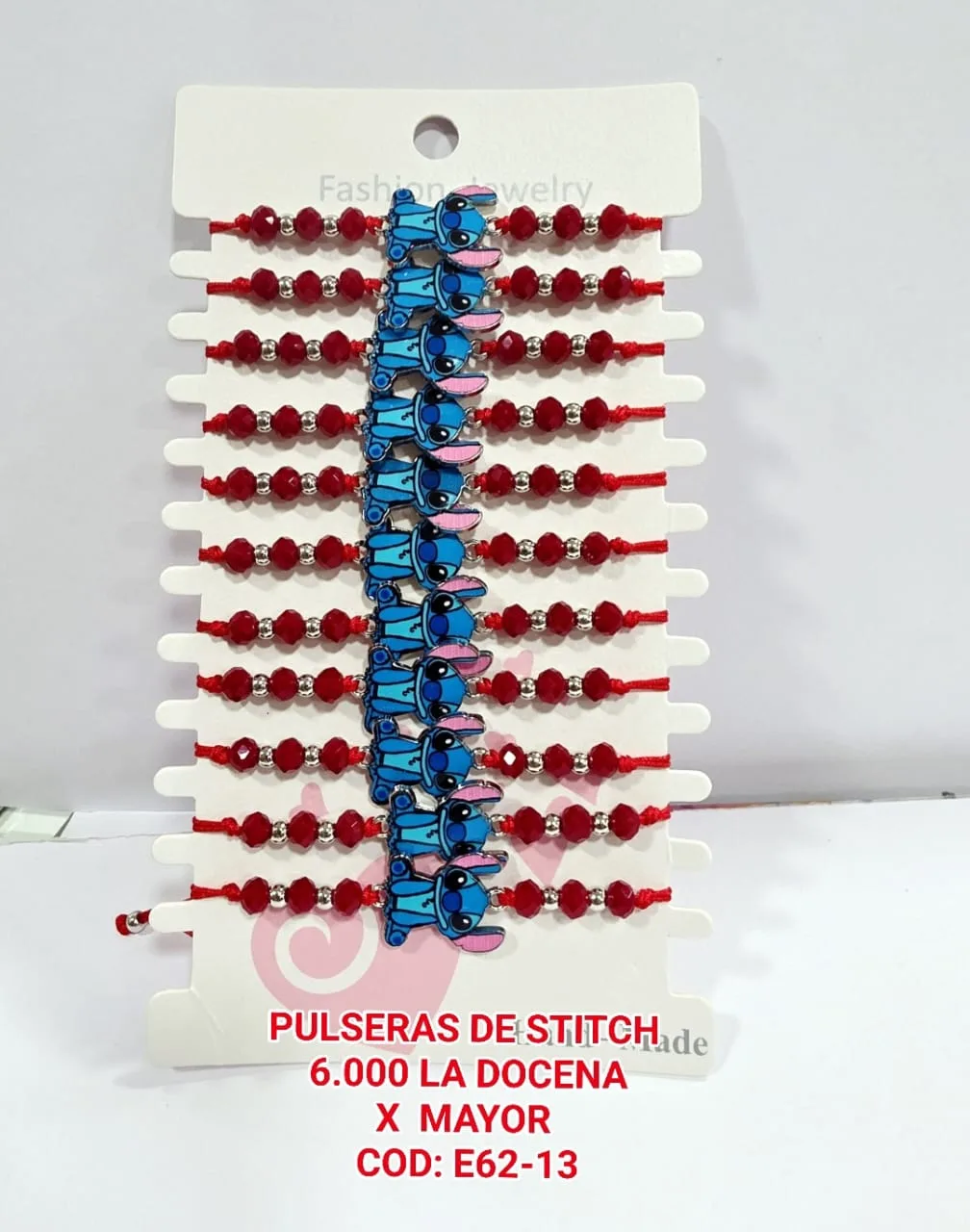 Pack 12 Pulsera Infantil de Cristales Facetados Rojos con Dije Central Esmaltado