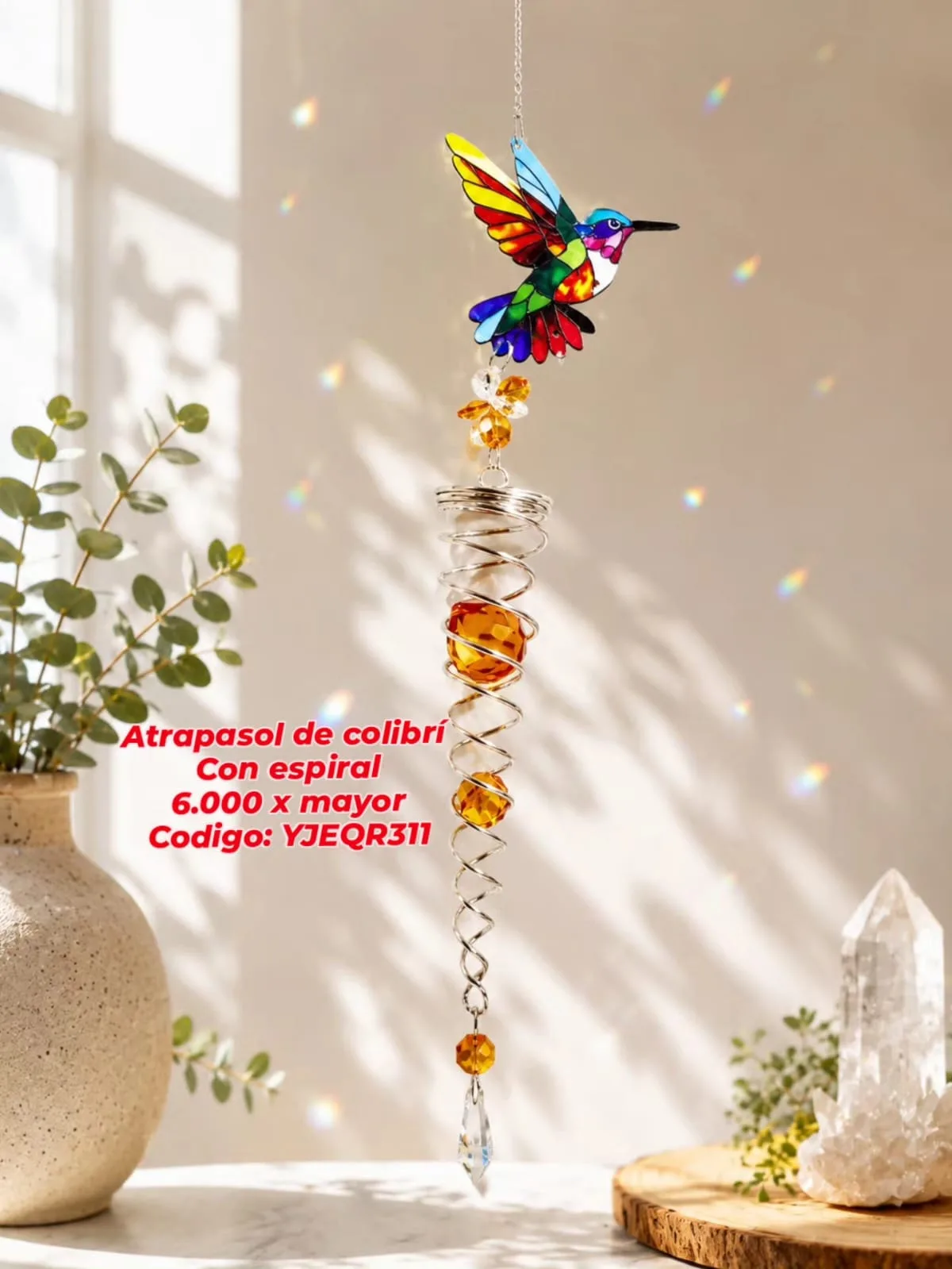 Atrapasoles Colibrí Multicolor Estilo Vitral con Espiral Cinético, Esferas Naranjas y Lágrima Prismática