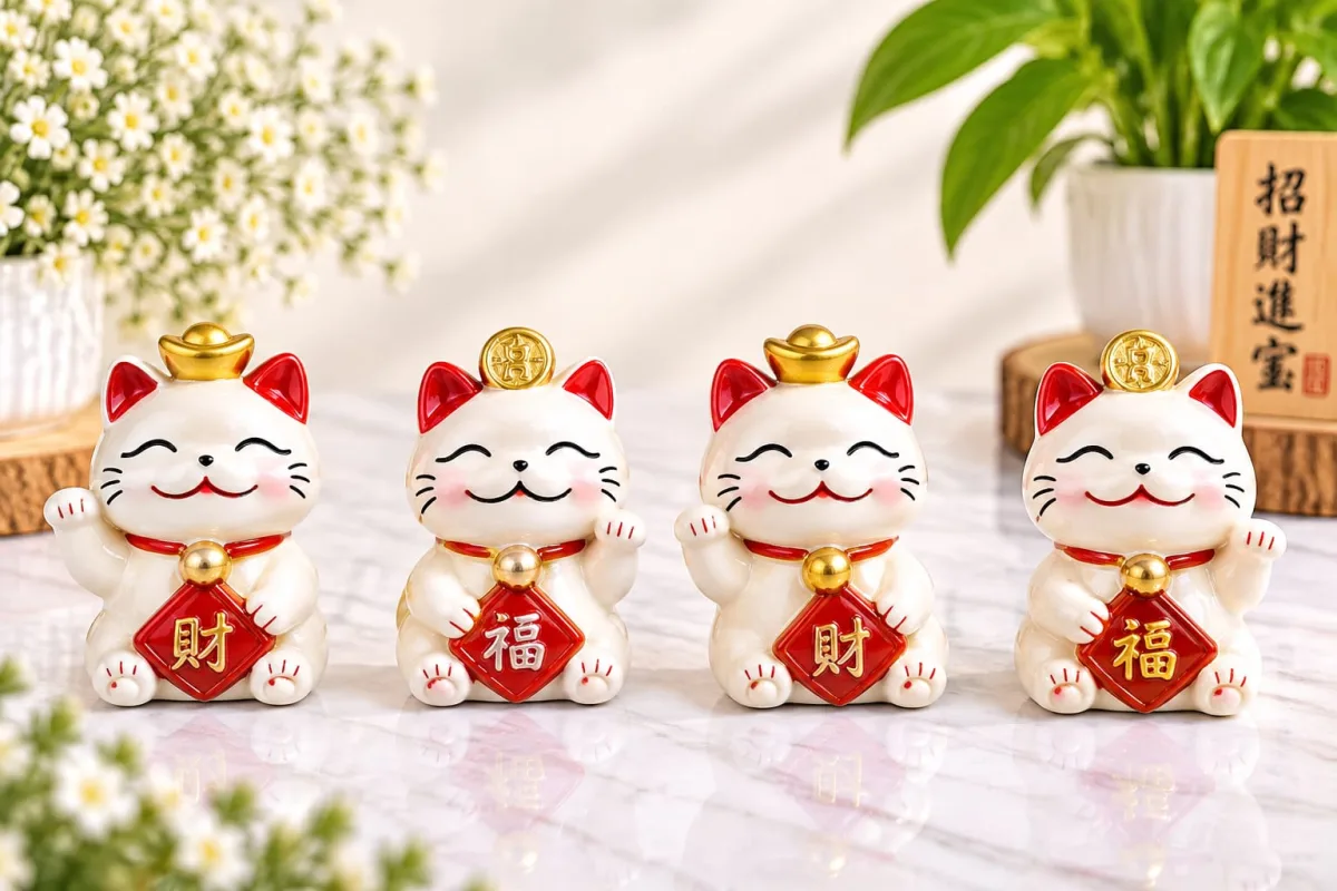 Figura de Gato de la Suerte con Cartel de Fortuna
