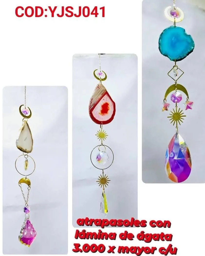 Atrapasoles Místico Boho con Lámina de Ágata Natural, Soles Astrales y Prismas Iridiscentes