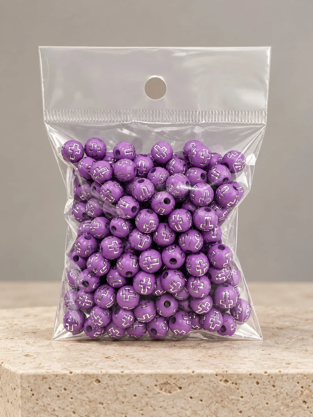 Cuenta Acrílica Cruz 8mm Morado con Cruz Plateada