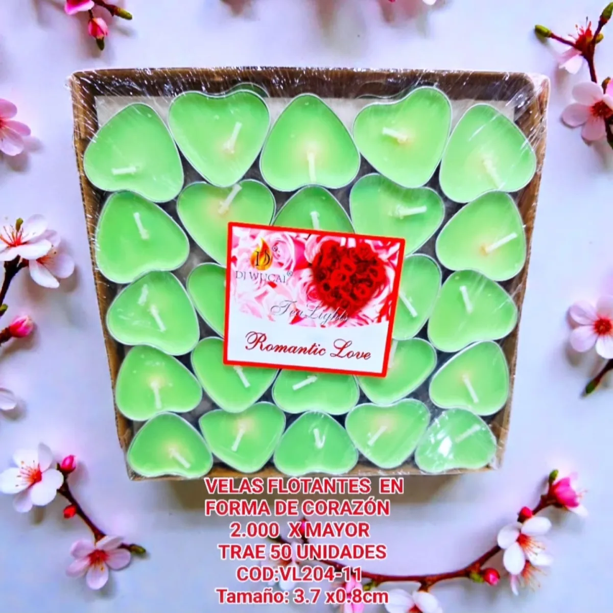Set Velas Flotantes en Forma Corazon Verde Claro