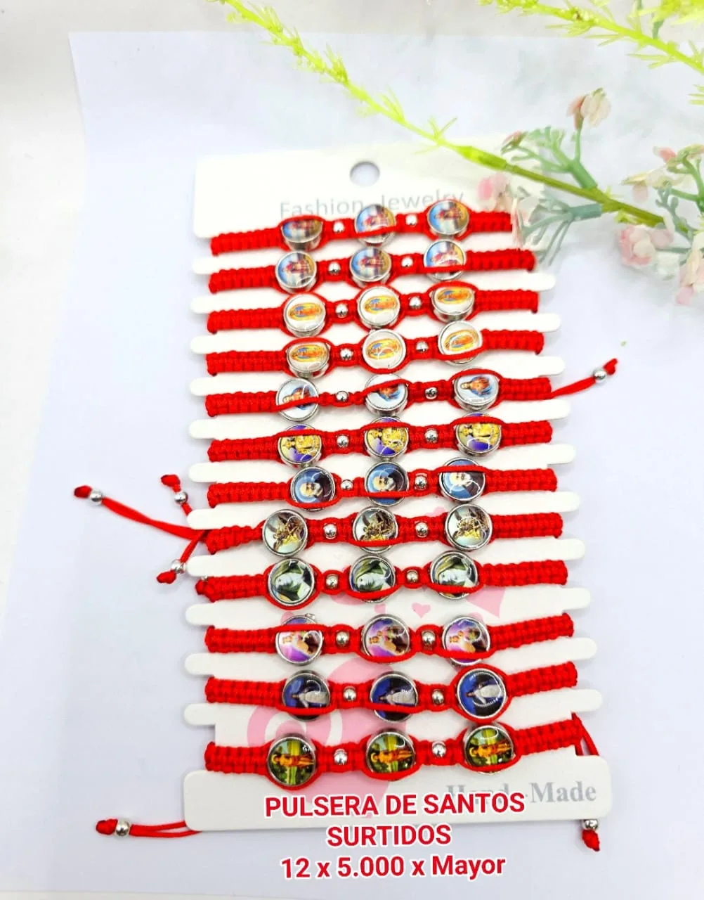 Pack 12 Pulsera Devocional de Santos Surtidos en Tejido Macramé Rojo con Cuentas de Imagen Resinada