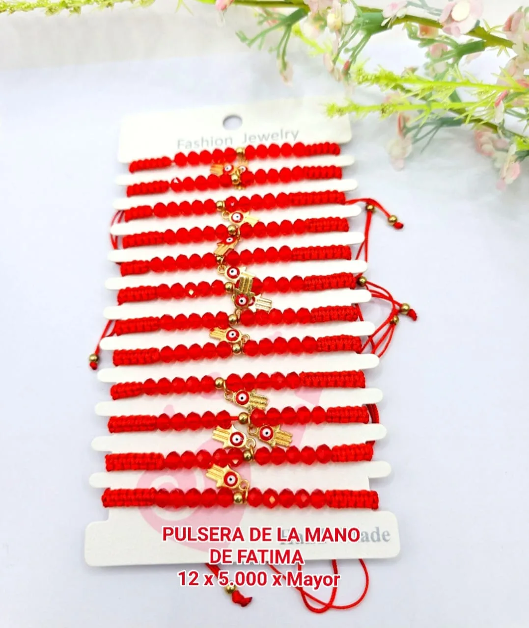 Pack 12 Pulsera Roja de Cristales Facetados Rojos y Tejido Macramé con Dije Colgante Mano de Fátima Dorada con Ojo Turco