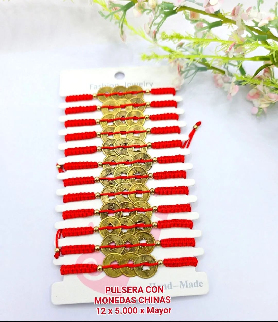 Pack 12 Pulsera Holística de la Abundancia con Monedas Chinas en Tejido Macramé Rojo