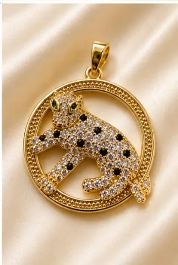 Colgante de Rodio - Leopardo en circulo con piedras blancas y negras (variante)
