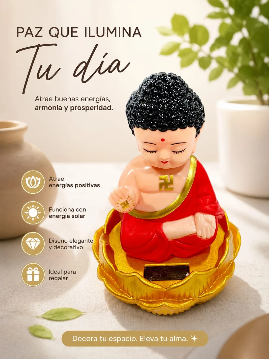 Buda Solar - Túnica roja con borde dorado, cabello negro