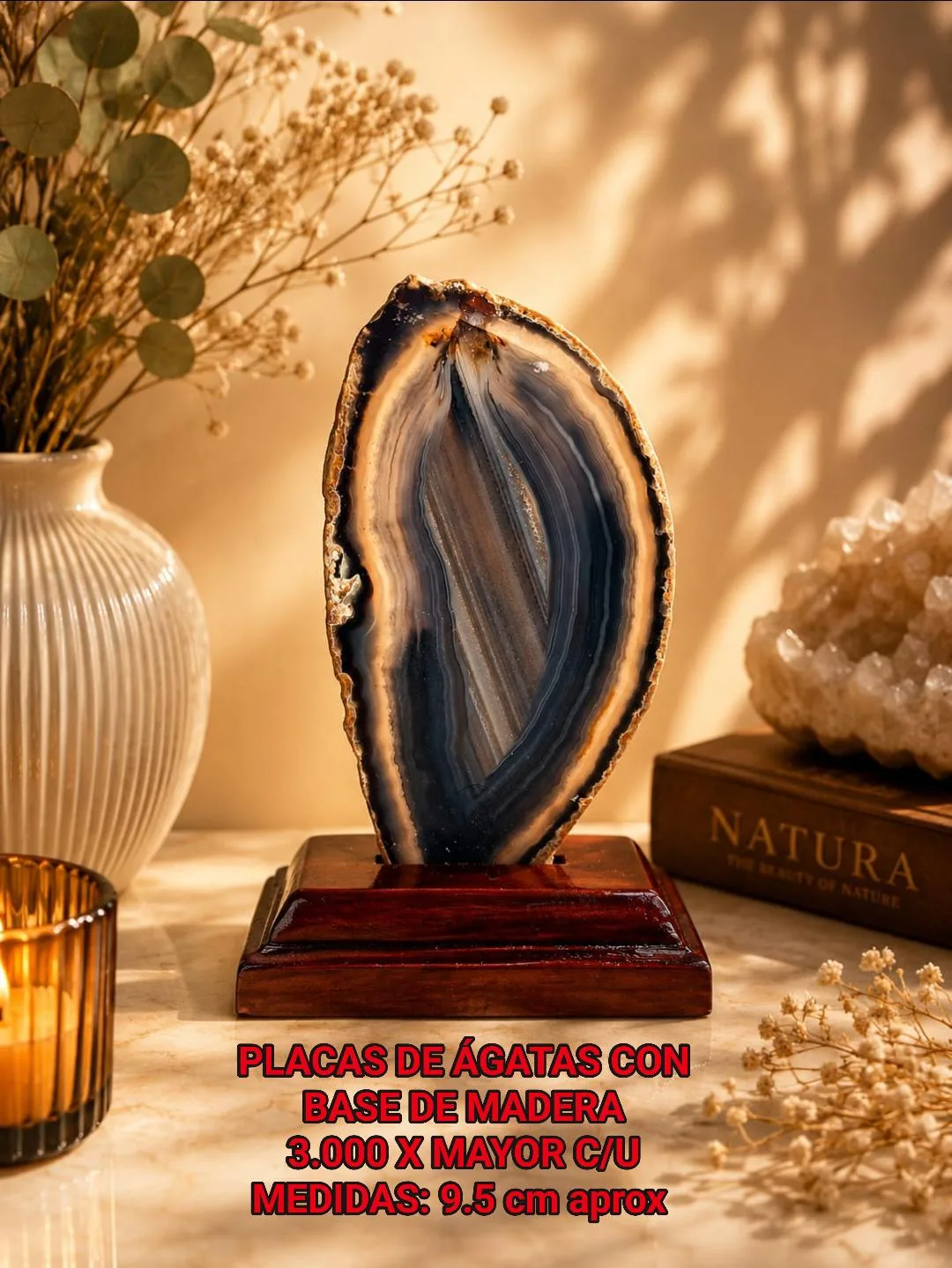 Placa de Ágata con Base de Madera (gris/café)