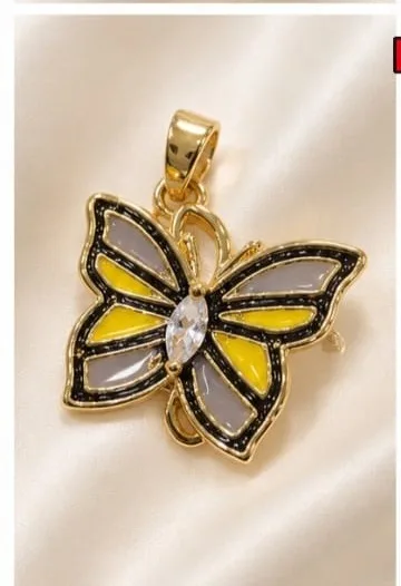 Colgante en Rodio - Mariposa esmaltada amarilla-gris-negra