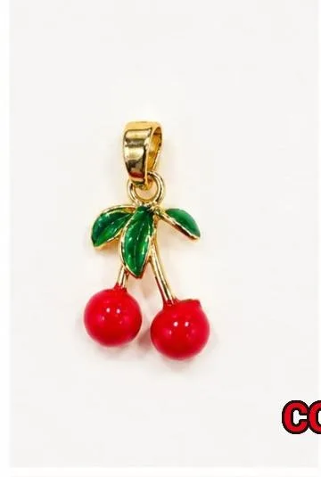 Colgante de Rodio - Cereza esmalte rojo con hojas verdes (par pequeño)