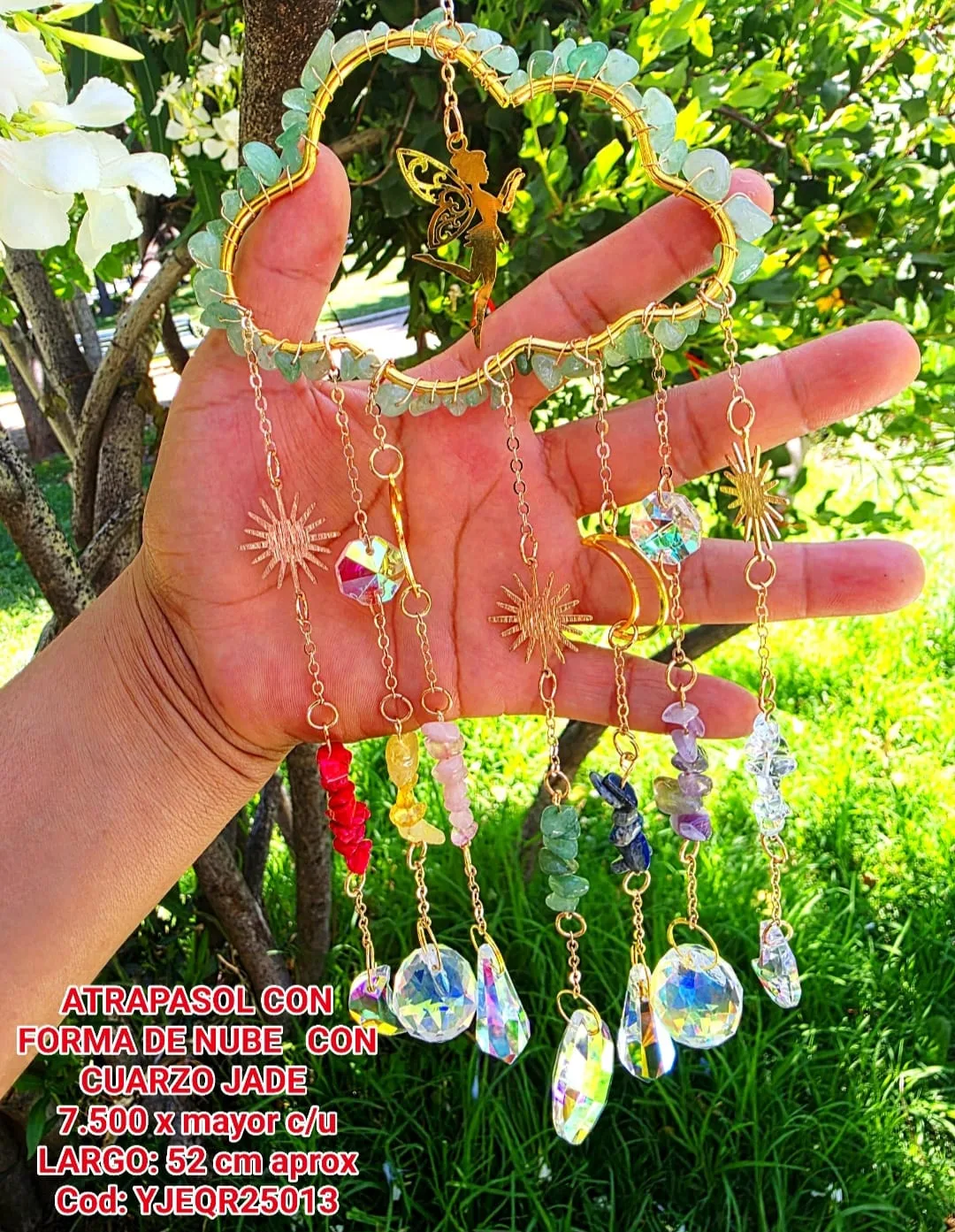 Atrapasoles Celestial Nube en Jade con Hada Mágica, Caídas 7 Chakras, Dijes Astrales y Prismas Iridiscentes