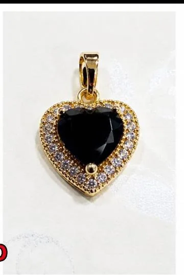 Colgante de Rodio - Corazón piedra negra (broche simple)