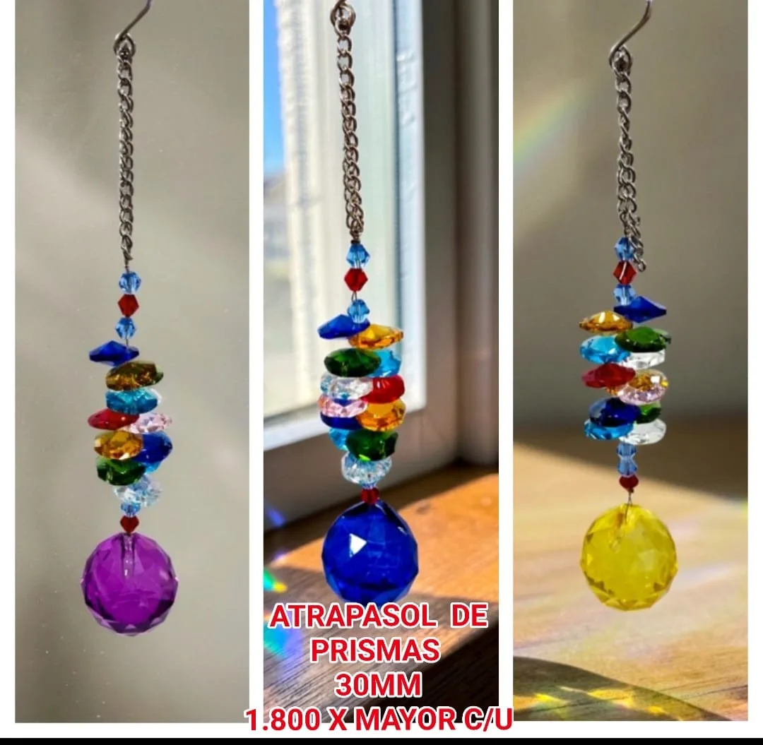 Atrapasoles Lineal 7 Chakras con Cascada de Cristales Multicolores y Esfera Prismática Facetada