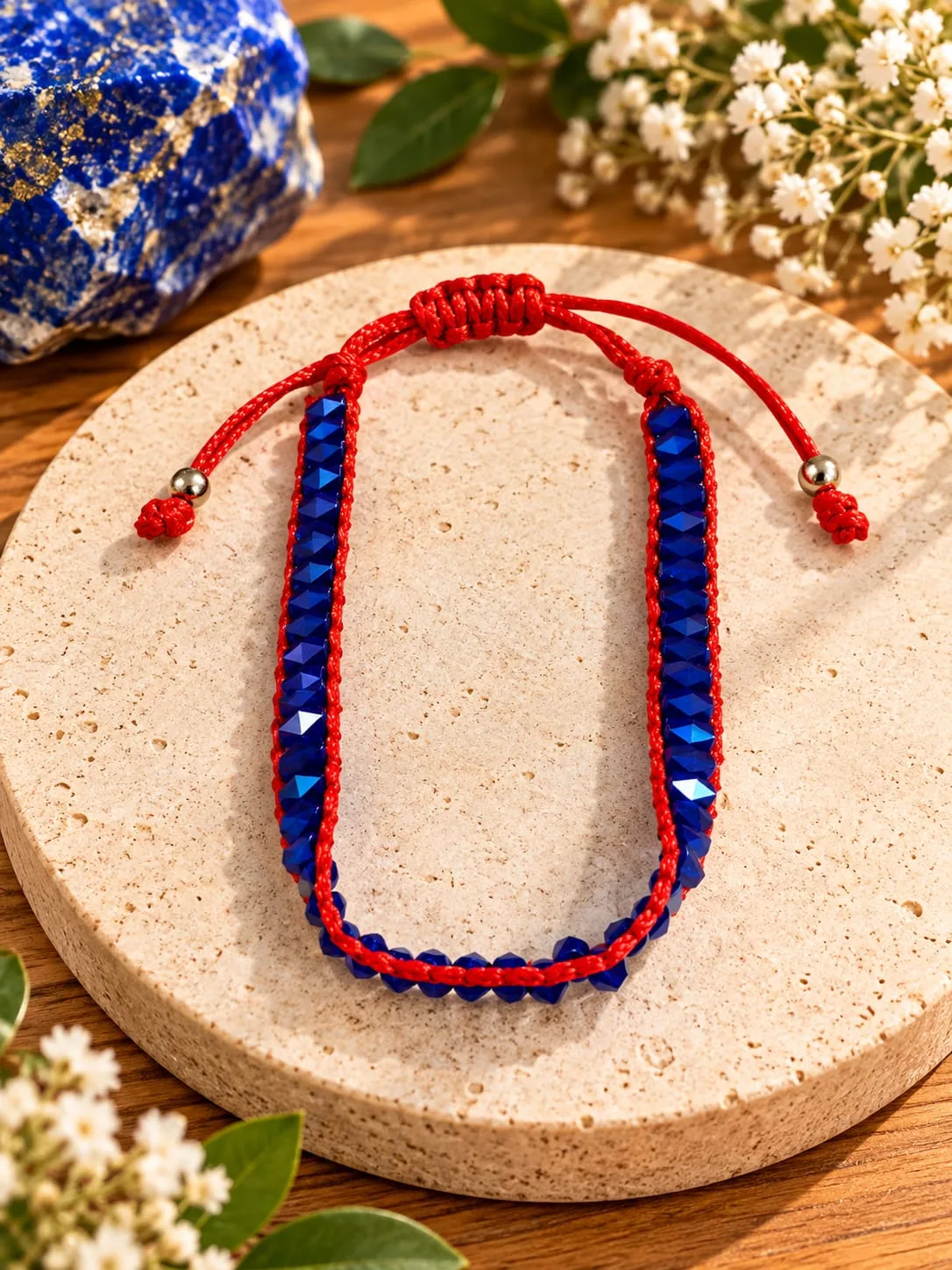 Pulsera de Cristal Azul con Hilo Rojo