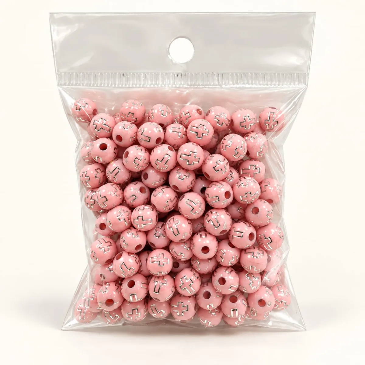 Cuentas Acrílicas Rosado con Diseño de Cruz 8 mm