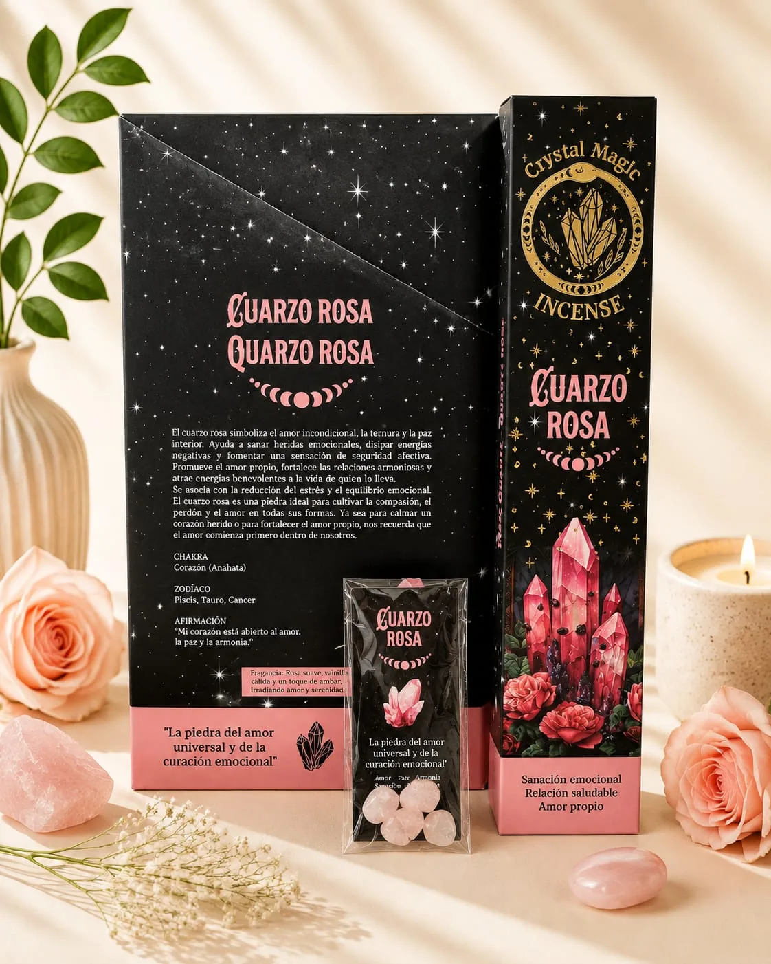 Incienso con Cristal Cuarzo Rosa