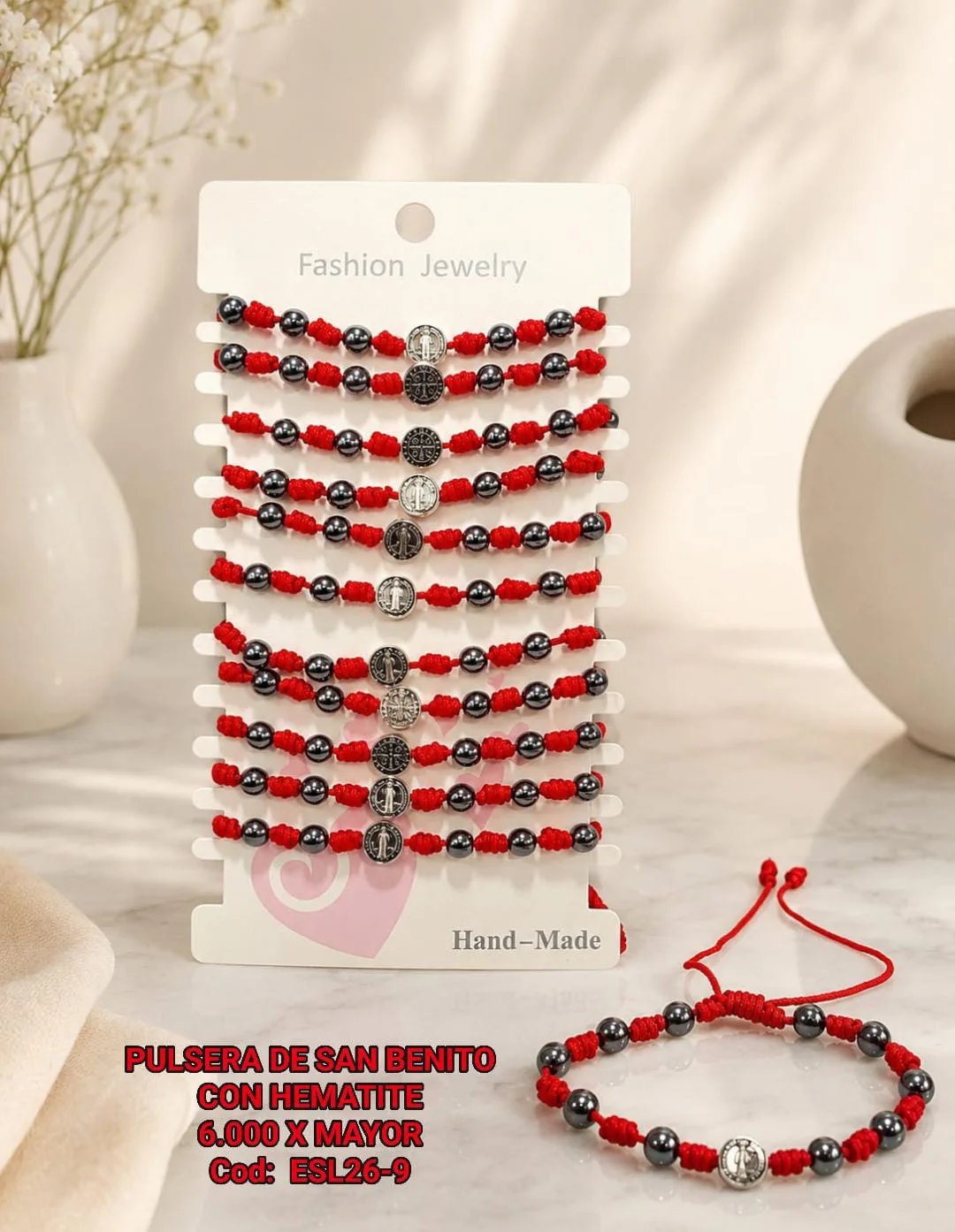 Pack 12 Pulsera Protectora de San Benito con Cuentas de Hematita Gris Metalizada en Hilo Rojo y Medalla Plateada