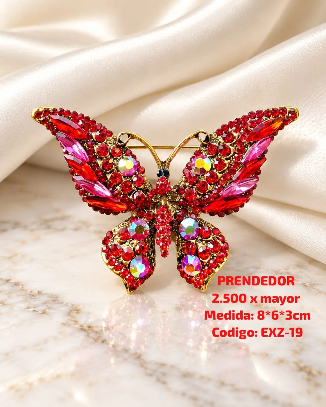 Prendedor de Mariposa con Strass Rojo y Rosa