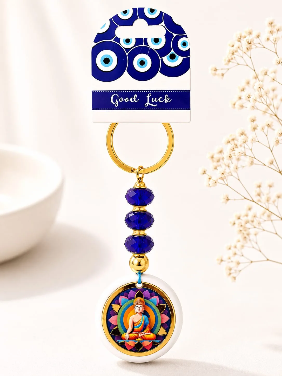 Llavero Dorado de Ojo Turco - Buda Meditando Sobre Mandala de Colores