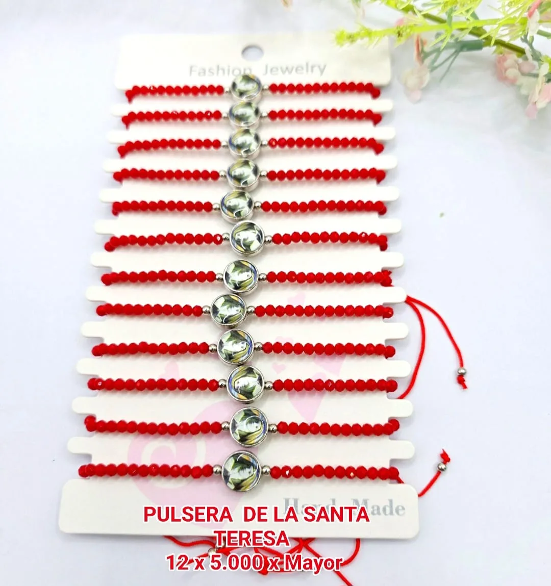 Pack 12 Pulsera Devocional de Santa Teresa en Cristales Facetados Rojos con Medalla Resinada Central
