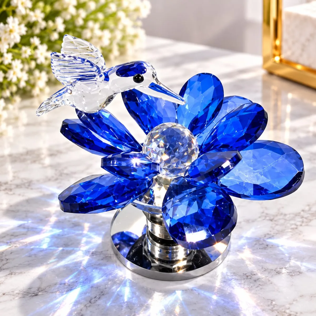 Flor de Loto con Colibrí Giratorio de Cristal (Azul)