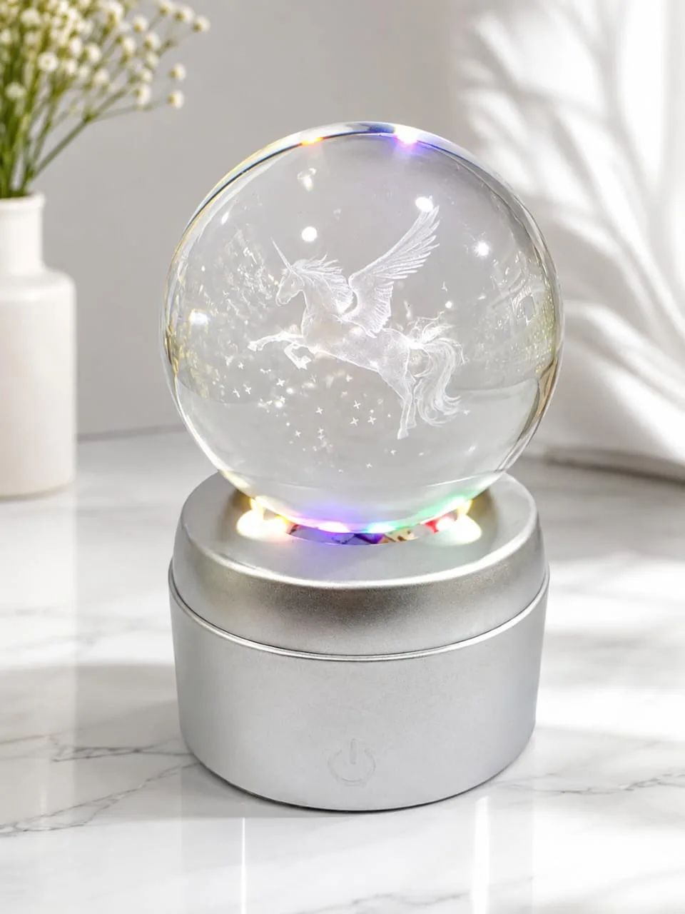Lampara de Mesa Bola de Cristal Giratorio Unicornio con Base Plateada
