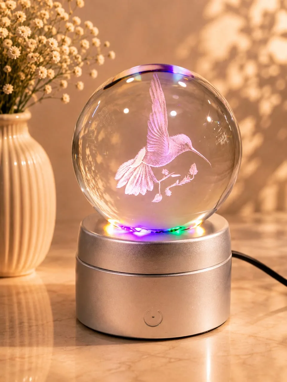 Lampara de Mesa Bola de Cristal Giratorio Colibri con Base Plateada