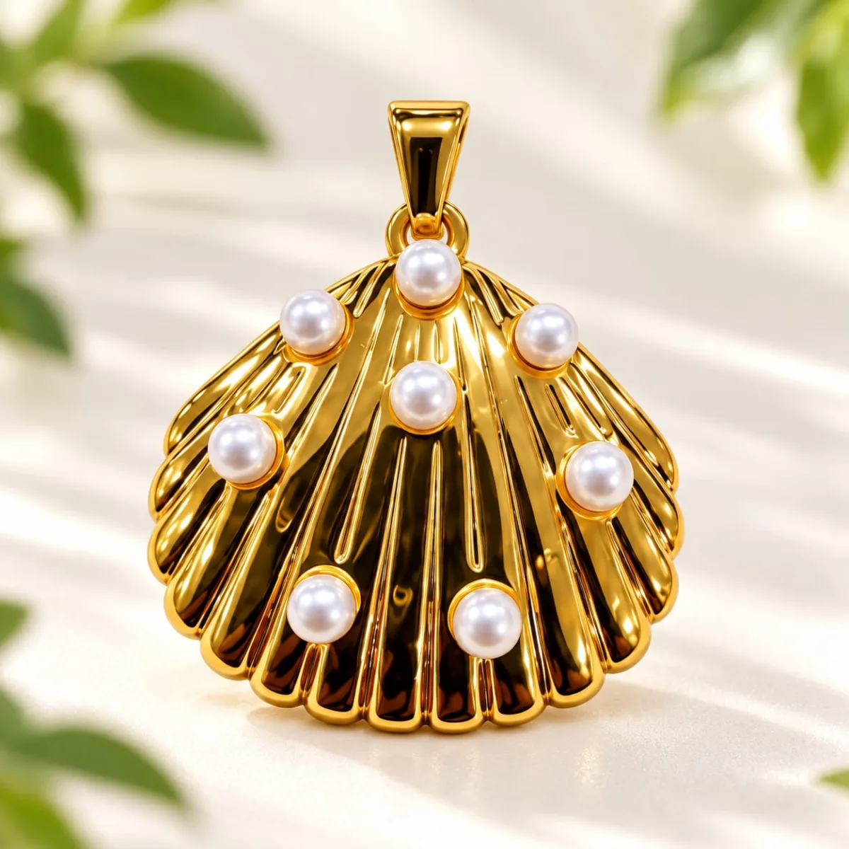 Dije de Acero Concha con Perlas Dorado