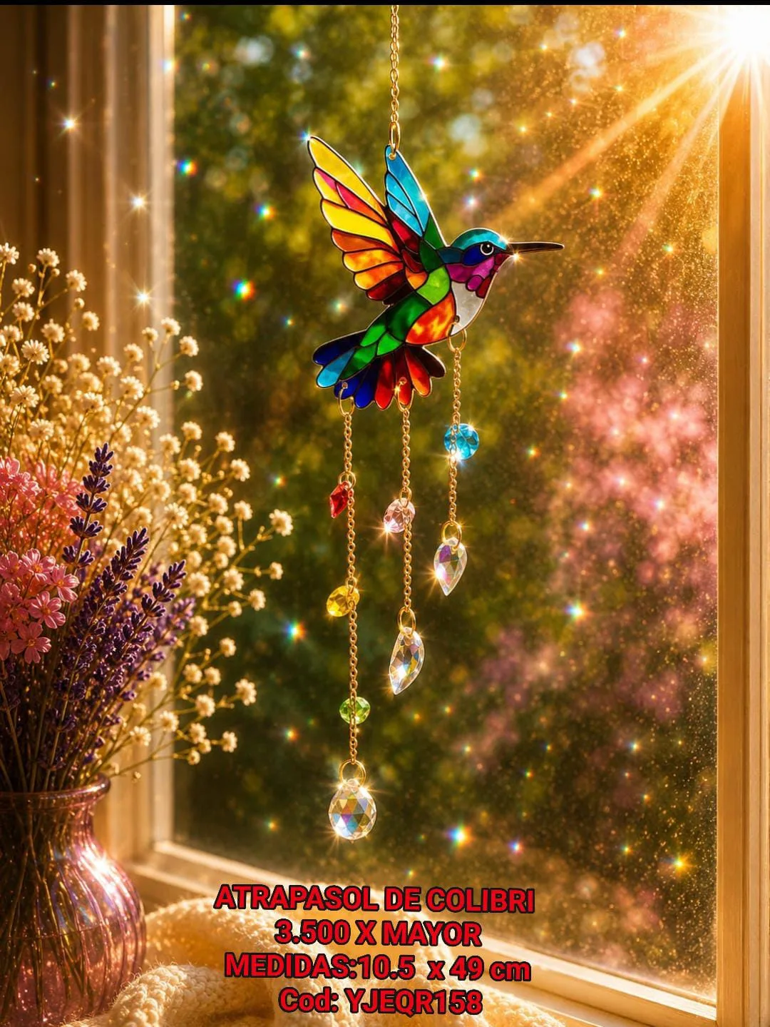 Atrapasoles Colibrí Vitral Multicolores con Cadenas de Cristales, Lágrimas Prismáticas y Esfera Central