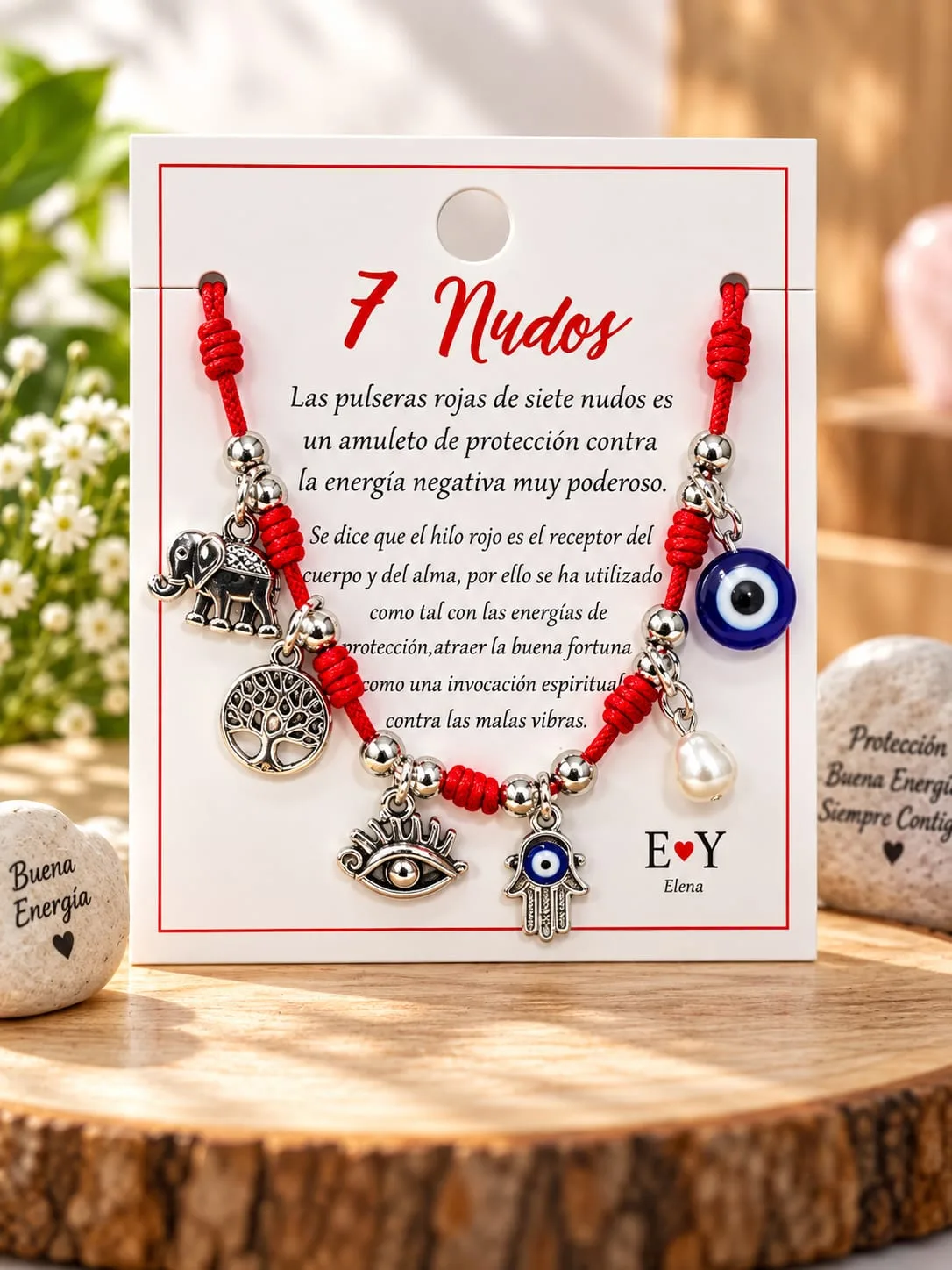 Pulsera 7 Nudos con Dijes de Elefante y Árbol de la Vida