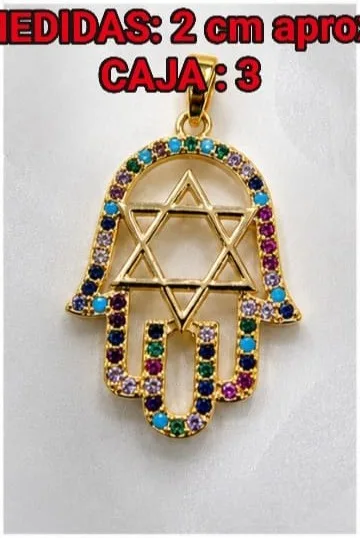 Colgante de Rodio - Mano de Hamsa con estrella de David multicolor