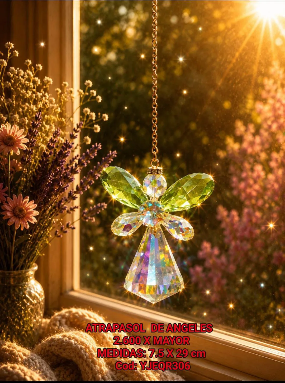Atrapasoles Ángel Guardián de Cristal Facetado con Alas Verde Peridoto y Prisma Irradiante