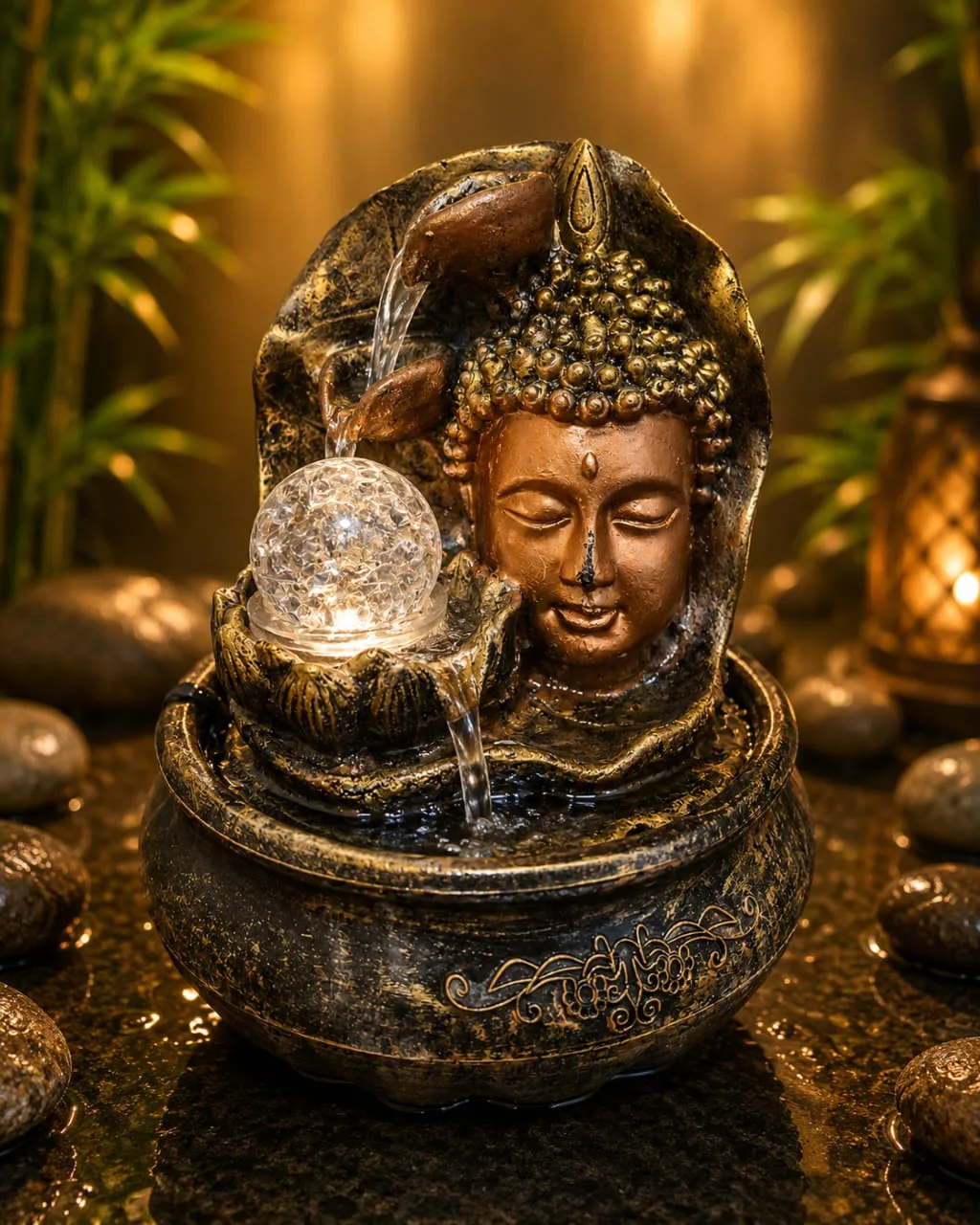 Fuente De Agua Rostro Buda Cascada Esfera Cristal Luz Led