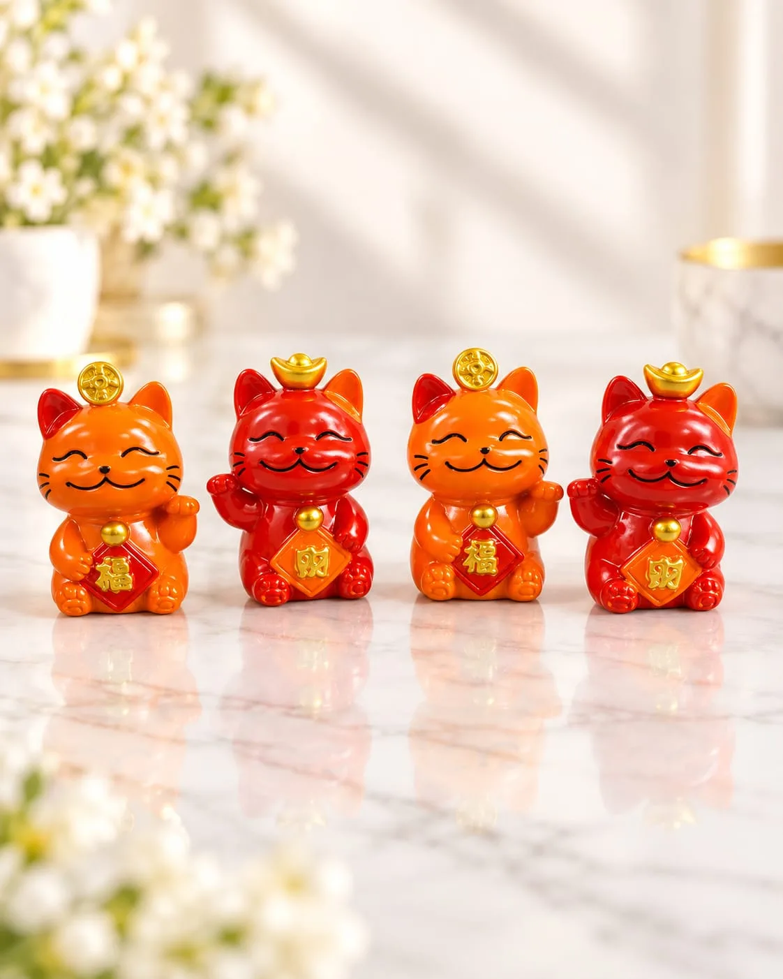 Figura de Gato de la Suerte Naranja y Rojo