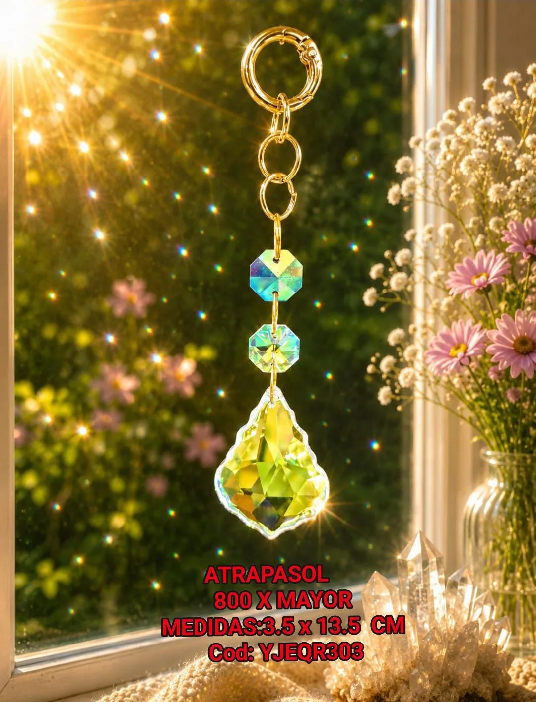 Atrapasoles Compacto de Cristal Iridiscente Verde Lima con Cuentas Facetadas y Gancho Dorado