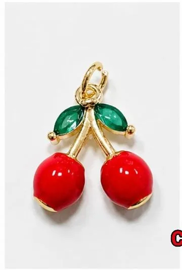 Colgante de Rodio - Par de cerezas esmaltadas con hojas verdes