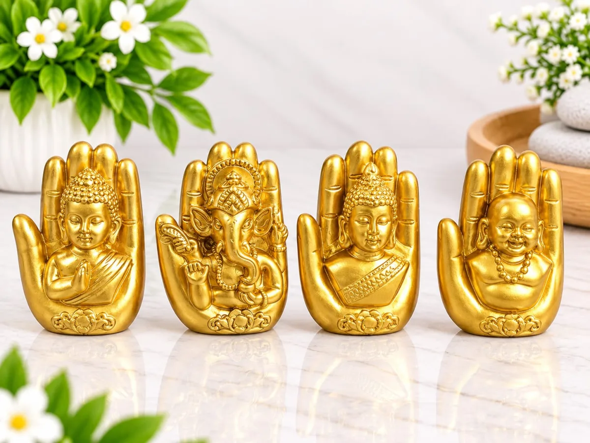 Set de Figuras en Mano Dorada (Buda, Ganesh y Buda Sonriente)