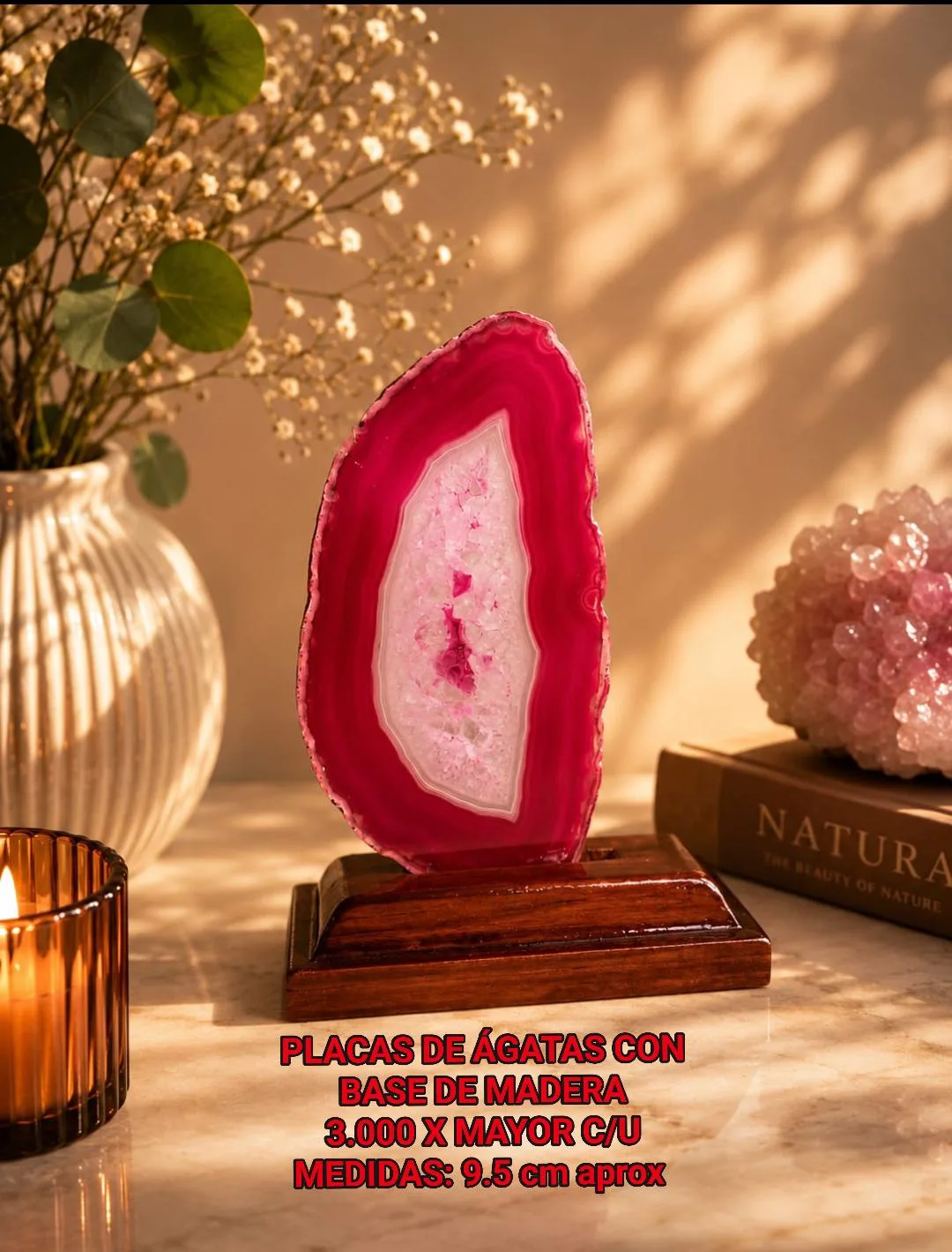 Placa de Ágata con Base de Madera (rosada/fucsia)