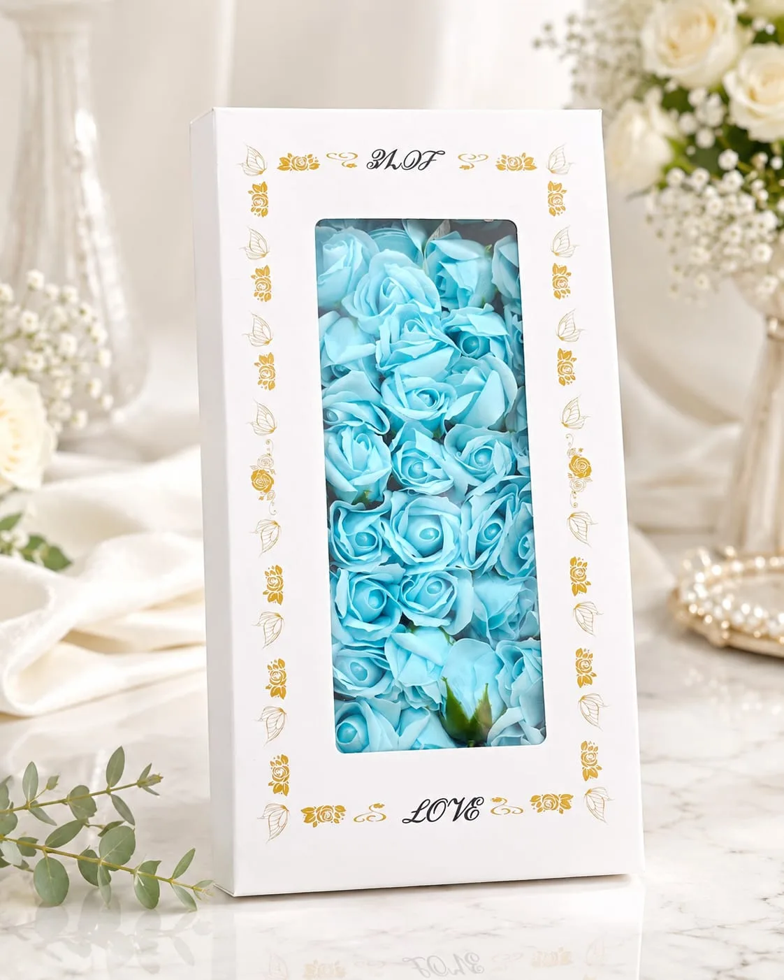 Caja de Rosas de Jabón Color Celeste