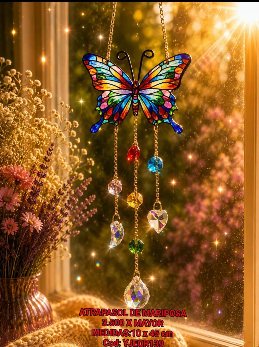 Atrapasoles Mariposa Vitral Multicolores con Cadenas de Cristales, Dijes de Luna y Corazón