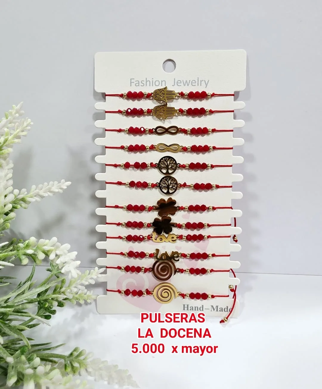 Pack 12 Pulsera Protectora Holística de Hilo Rojo con Cristales Facetados y Dijes Símbolo en Acabado Dorado