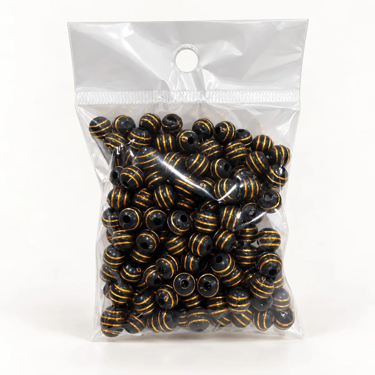Cuenta Acrílica Rayada 8mm Negro con Rayas Doradas
