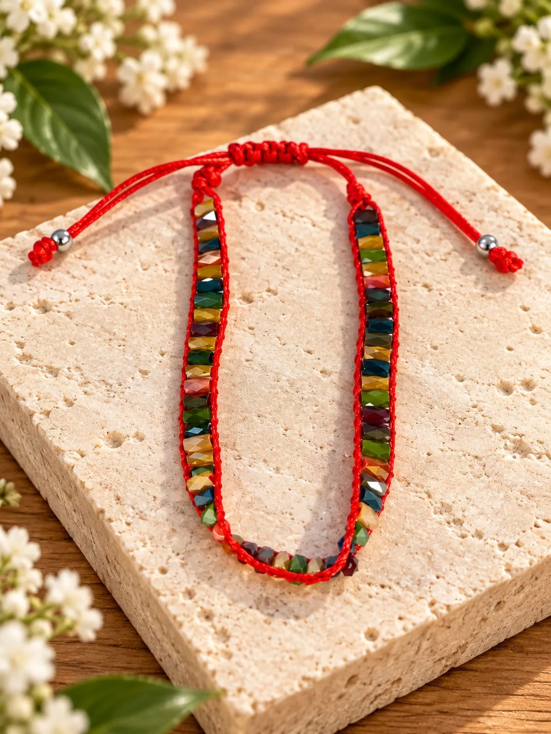 Pulsera de Cristales Multicolor con Hilo Rojo