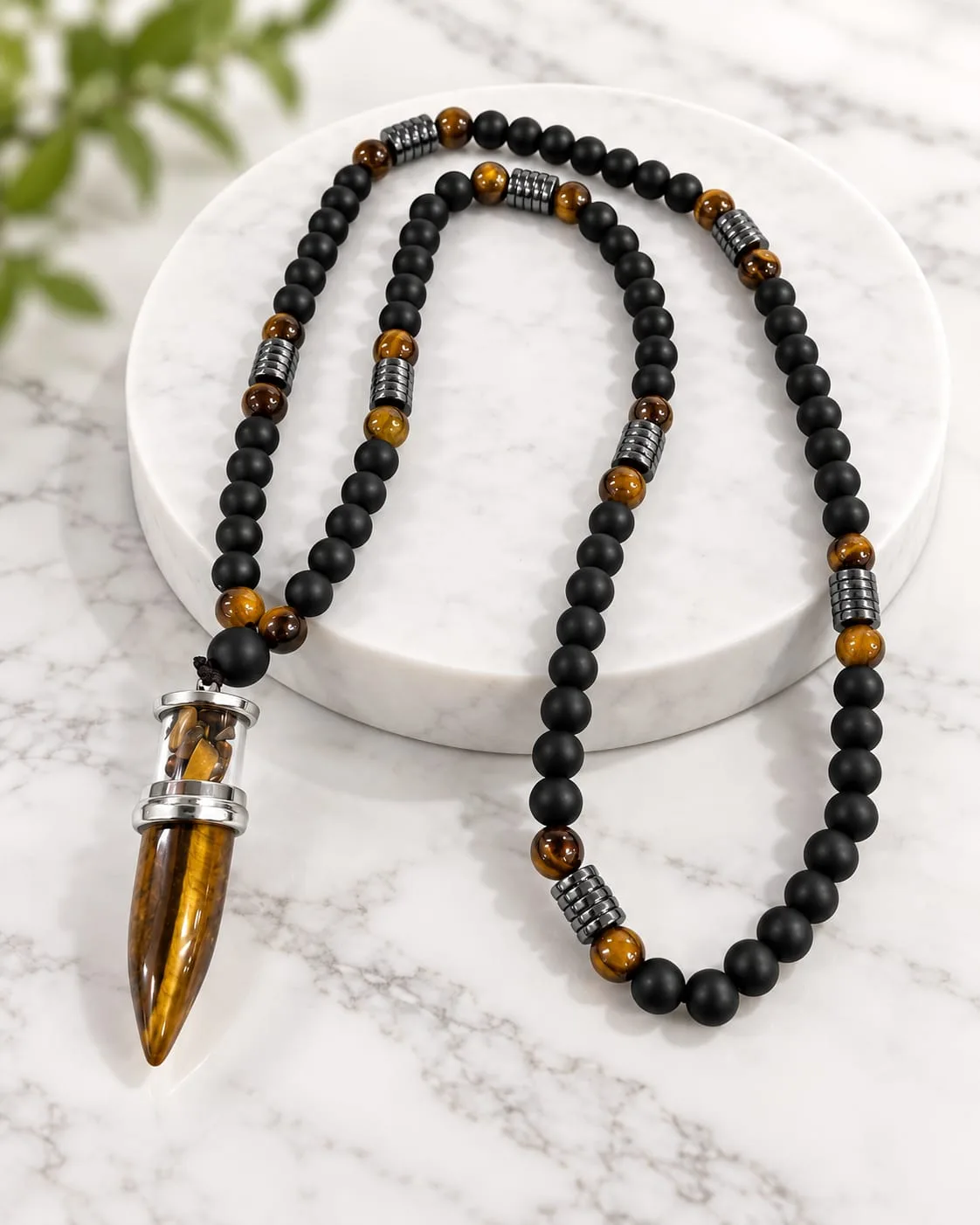 Collar de Ónix Opaco con Ojo de Tigre