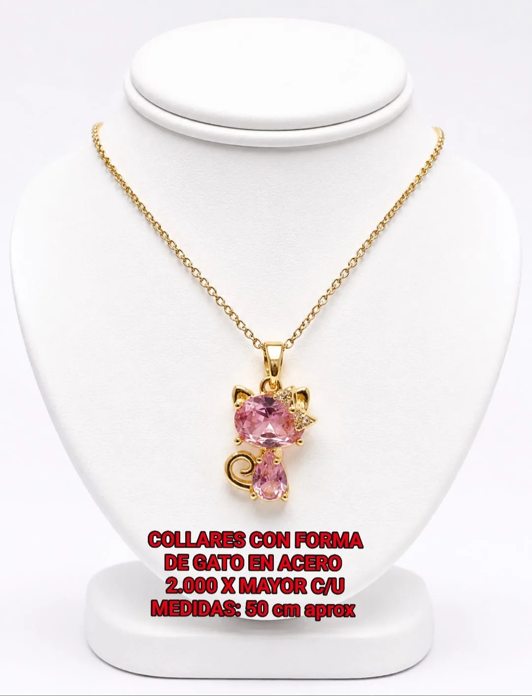 Collar con Forma de Gato en Acero - Gato con piedra rosada